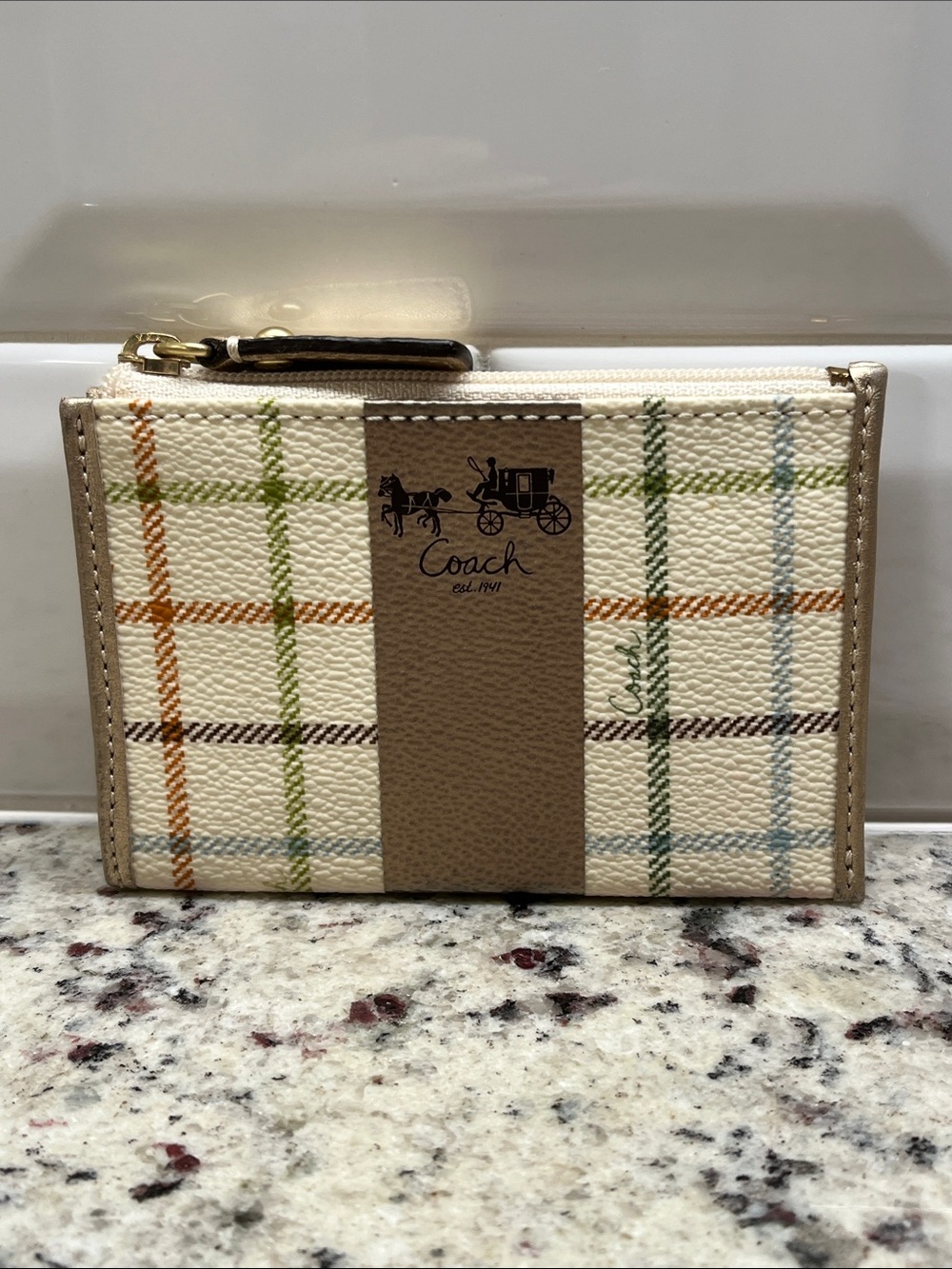 Coach Heritage Tattersall Mini Skinny Zippered Card Case with Key Fob NWT